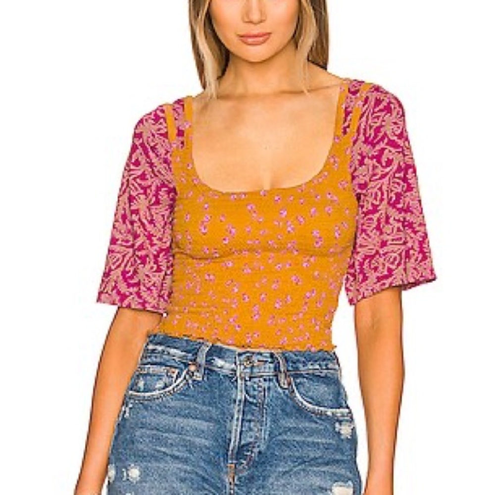Free People Mustard and Pink Floral Blouse